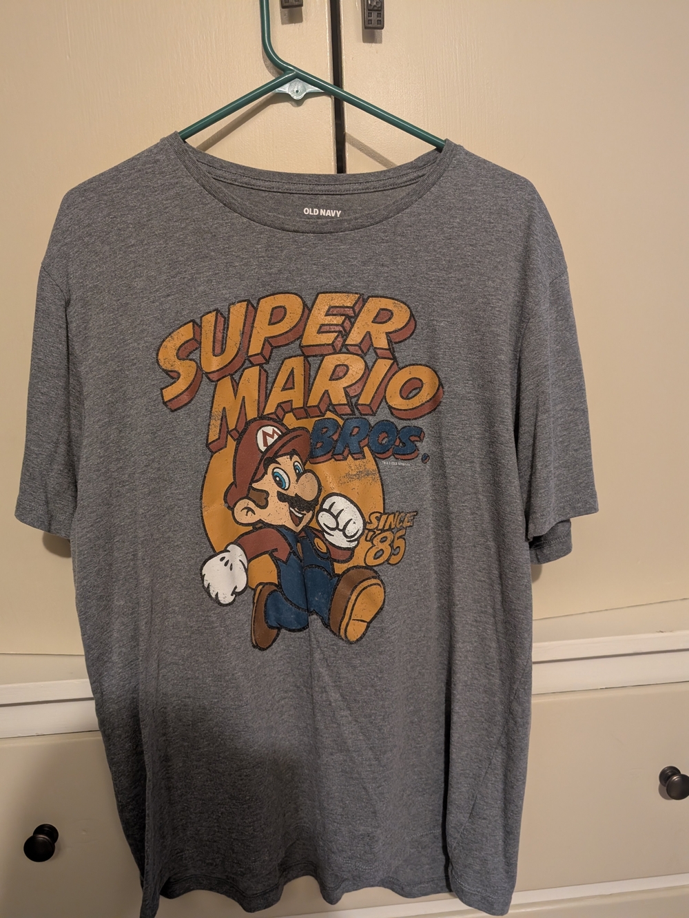 Old Navy Gray Super Mario Graphic Tee with Yellow & Blue Print